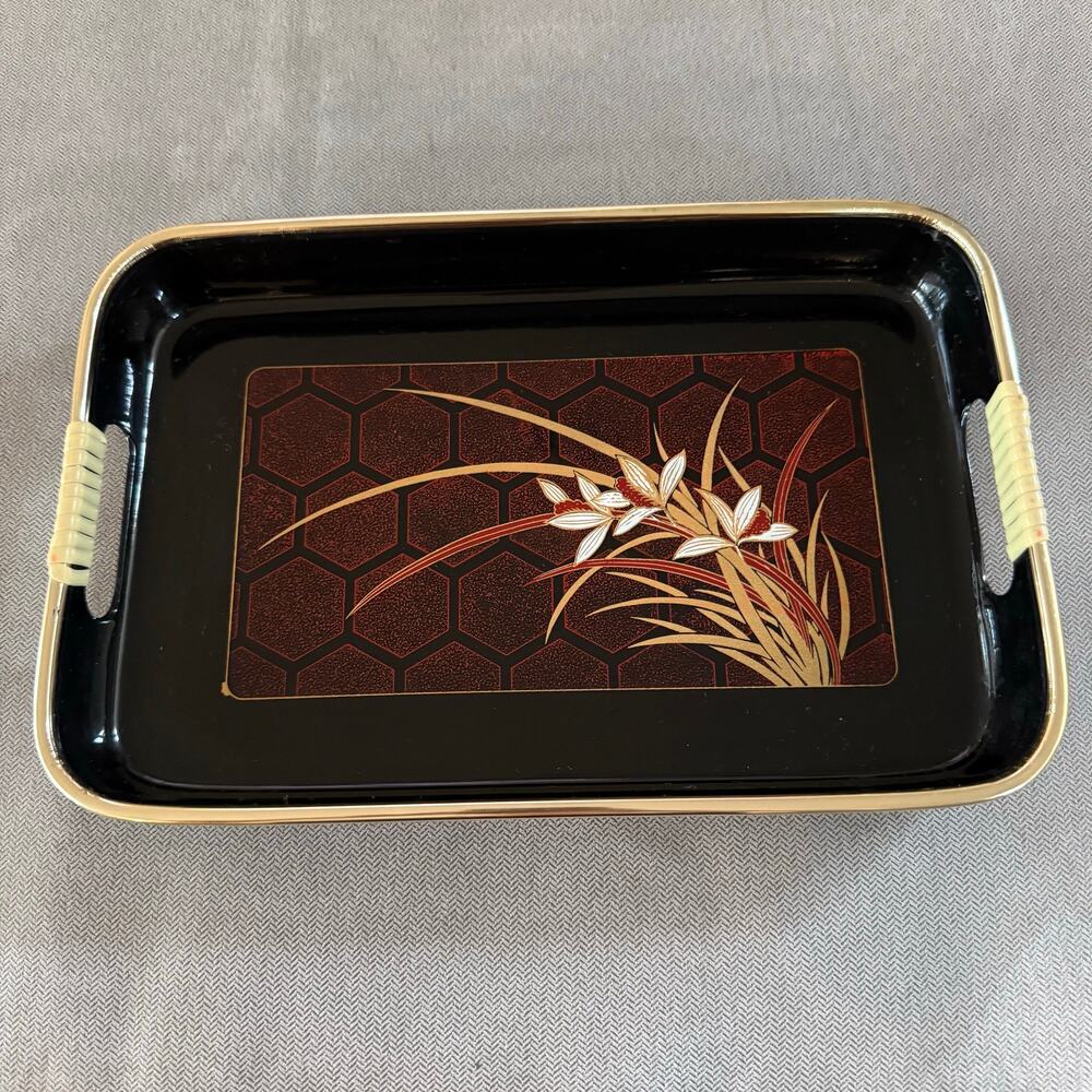 Vintage Asian Style Serving Tray Black Floral Bamboo Handles